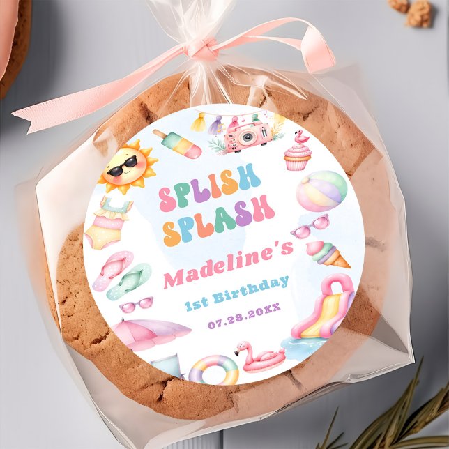 Editable Summer Splish Splash Birthday Party Classic Round Sticker (Creator Uploaded)