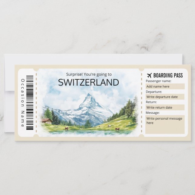Editable Switzerland Plane ticket, Switzerland Invitation (Front)
