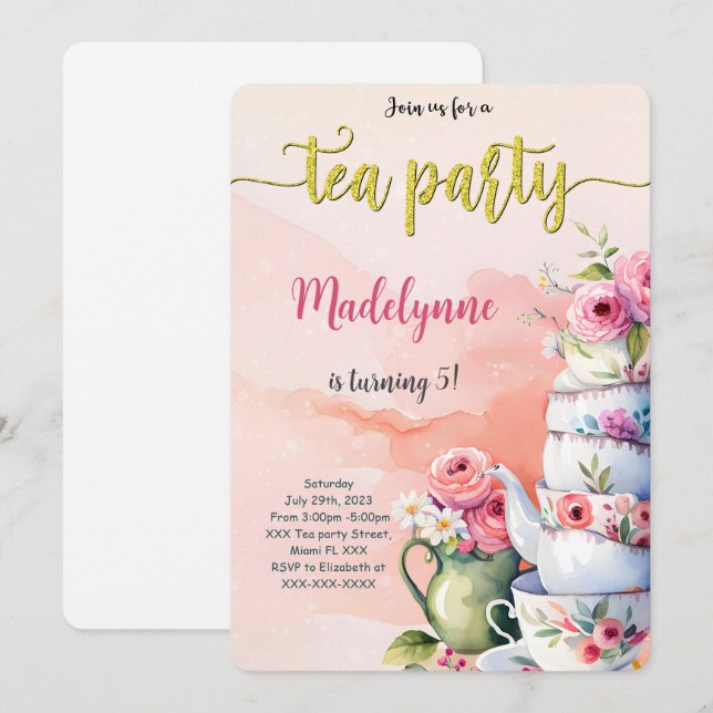Editable Tea Party Birthday Party Invitation (Front/Back)