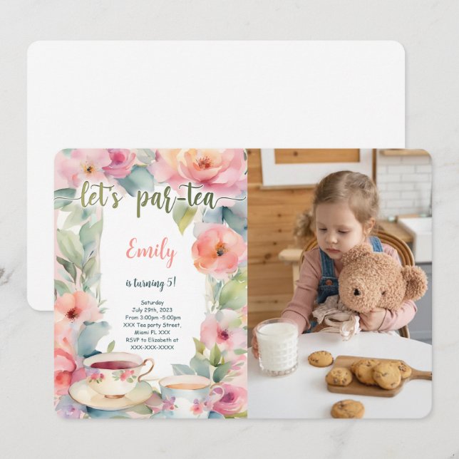 Editable Tea Party Birthday Party Photo Invitation (Front/Back)