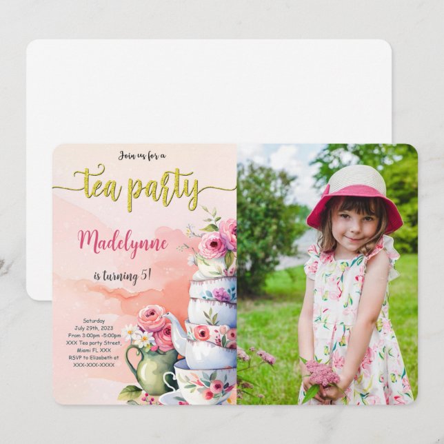 Editable Tea Party Birthday Photo Invitation (Front/Back)