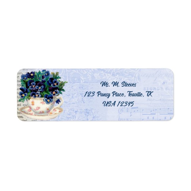 Editable Teacup and Pansies Return Address Label (Front)