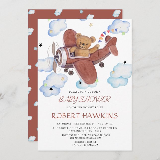 EDITABLE Teddy Bear Aeroplane Baby Shower Invitation (Front/Back)