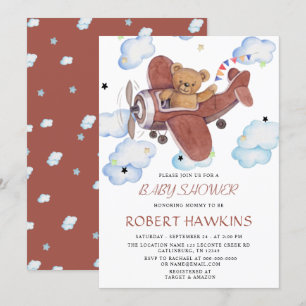 EDITABLE Teddy Bear Aeroplane Baby Shower Invitation