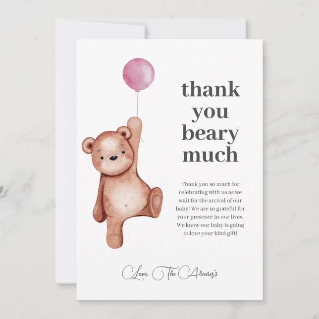 EDITABLE Teddy Bear Girl Baby Shower Thank You Card (Front)