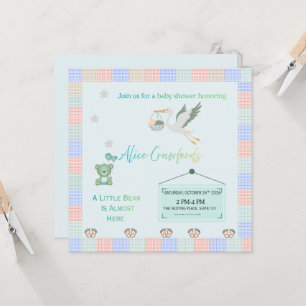 Editable Teddy Bear & Stork Blue Plaid Baby Shower Invitation