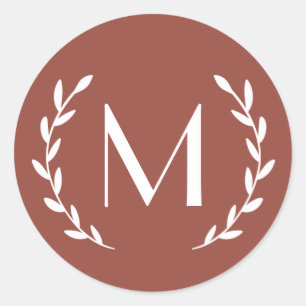 Editable TERRACOTTA Laurel Monogram Letter Initial Classic Round Sticker