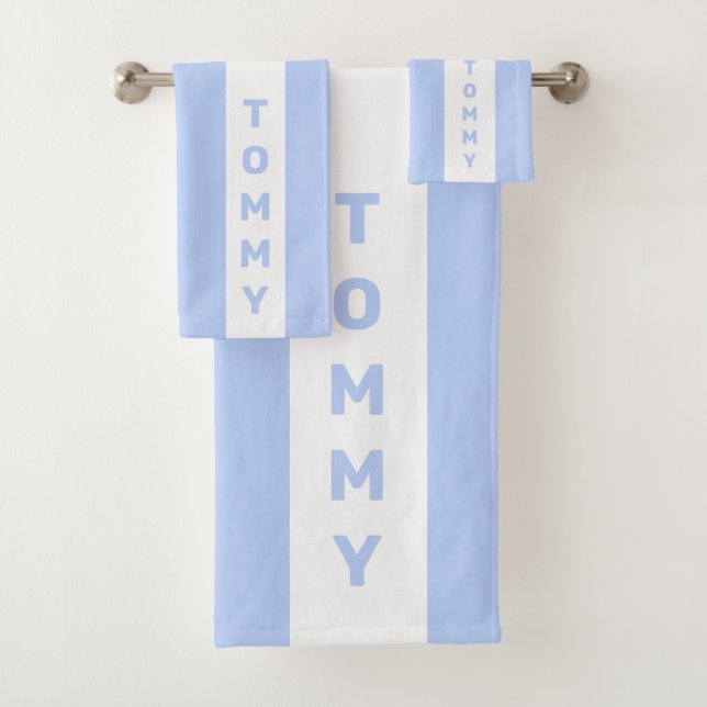 Editable Text on Light Blue and White Striped Bath Towel Set (Insitu)