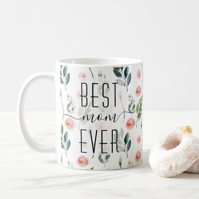 Editable Text Peach Floral Garden Mothers Day Coffee Mug (With Donut)