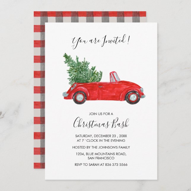 Editable Text Red Car Script Christmas Party Invitation (Front/Back)