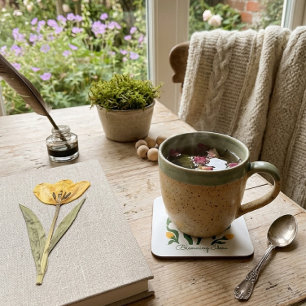 Editable Text Yellow Tulip Minimalist Aesthetic Square Paper Coaster