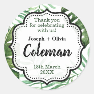 Editable Thank You Green Tropical Party Favour Classic Round Sticker