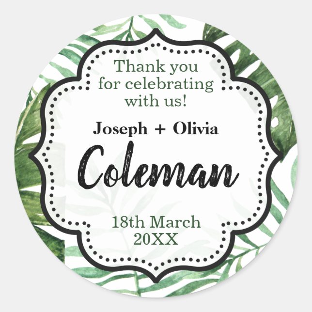 Editable Thank You Green Tropical Party Favour Classic Round Sticker (Front)