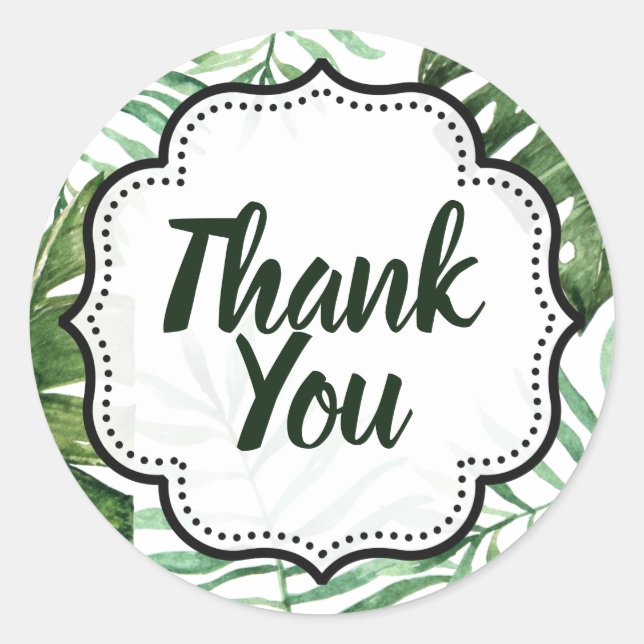 Editable Thank You Green Tropical Party Favour Classic Round Sticker (Front)