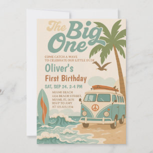 Editable The Big One Surfing 1st Birthday Invitation