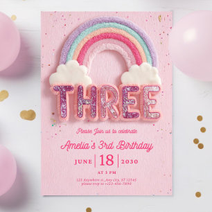 Editable Third Birthday Invitation, Pink colourful Invitation
