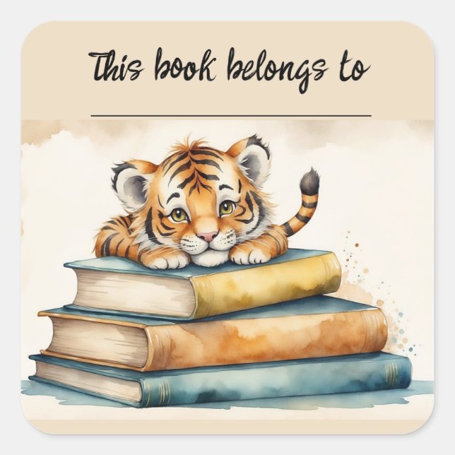 Editable Tiger and Books Bookplate Sticker (Front)