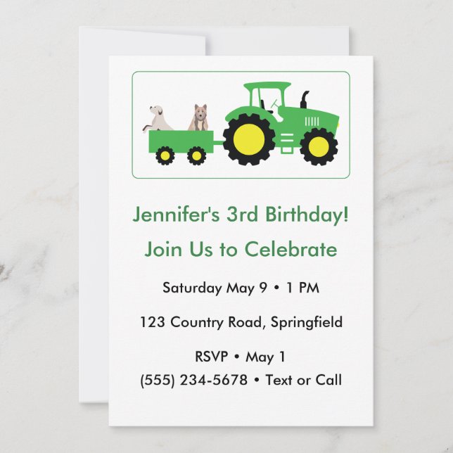 Editable Tractor Farm Party Birthday Invitation (Front)