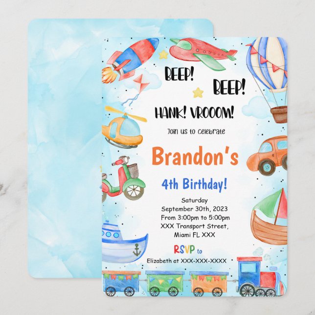 Editable Transportation Birthday Party Invitation (Front/Back)
