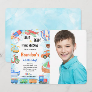 Editable Transportation Birthday Party Photo Invitation