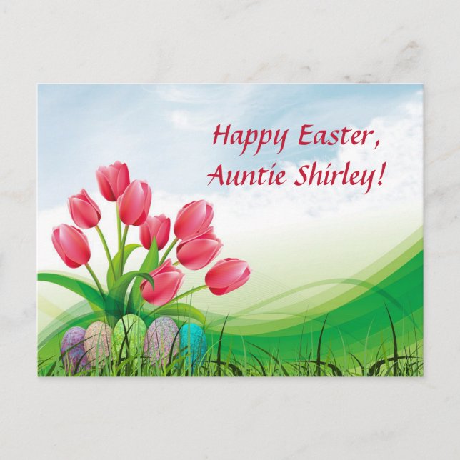 Editable Tulips and Easter Eggs on Grass Easter Postcard (Front)