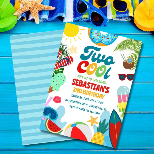 Editable Two Cool Pool Party Beach 2nd Birthday   Invitation (Summer-themed Two Cool invite – perfect for your two-year-old!)