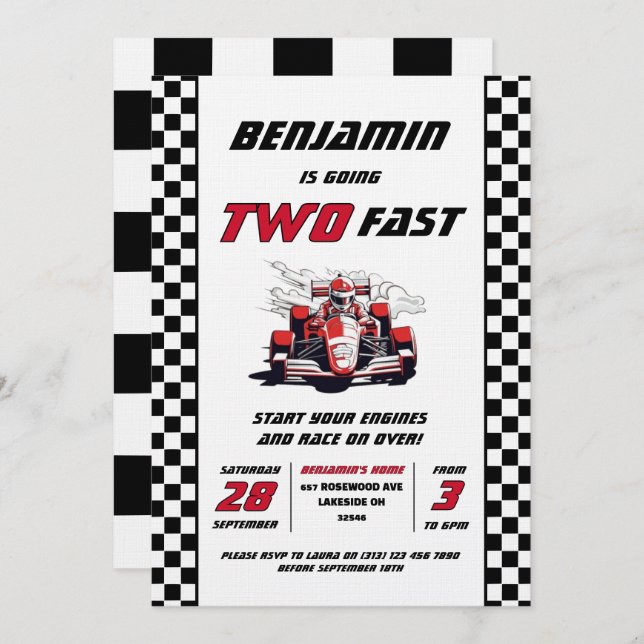 Editable Two Fast Racing Car Birthday Party Invitation (Front/Back)