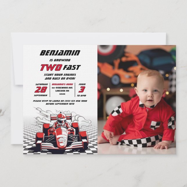Editable Two Fast Racing Car Photo Birthday Party Invitation (Front)