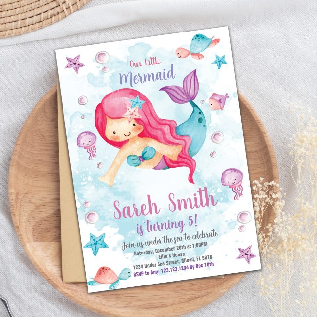 Editable Under the Sea Party Card for Girls (Green Cloud Mermaid Birthday Invitation)