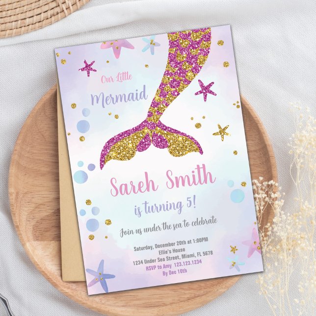Editable Under the Sea Party Card for Girls (Pink and Gold Mermaid Glitter Tail Invitation)