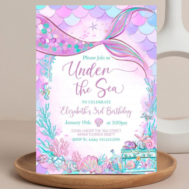 Editable Under the Sea Purple Teal Little Mermaid  Invitation (Creator Uploaded)
