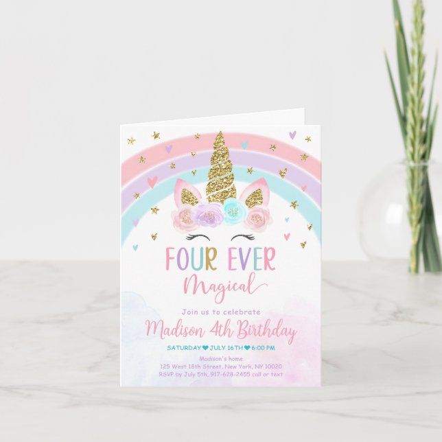 Editable Unicorn 4th Birthday Invitation Four Ever (Front)