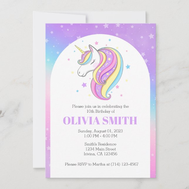 Editable Unicorn Birthday Invitation Template (Front)