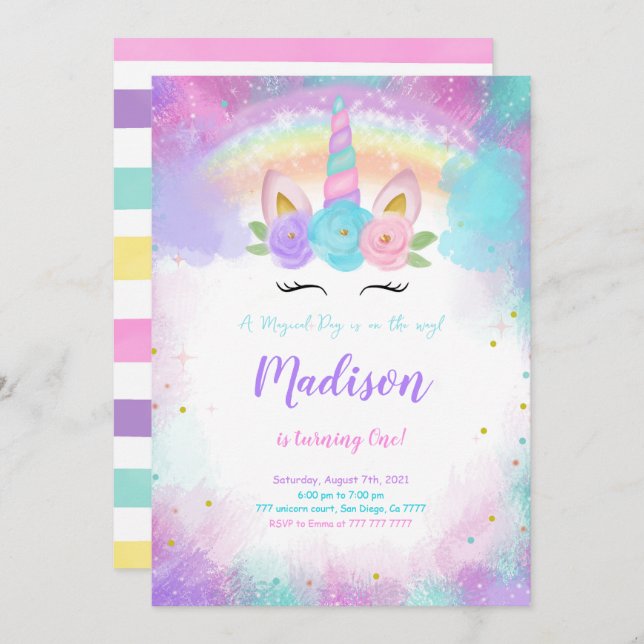 Editable Unicorn Birthday Party Invitation (Front/Back)
