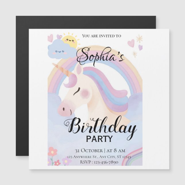 Editable Unicorn Birthday Party Invitation (Front/Back)