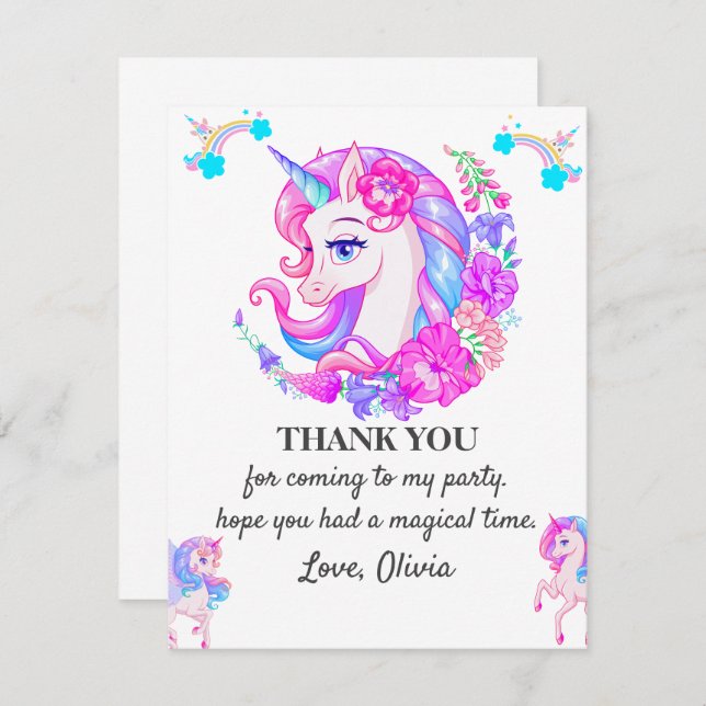 Editable Unicorn Birthday Party Thank You Card (Front/Back)