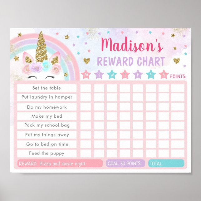 Editable Unicorn Rainbow Reward Chore Chart (Front)