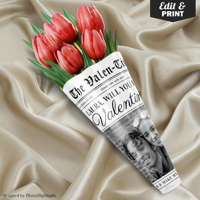Editable Valentines Day Newspaper Flower Bouquet Wrapping Paper Sheet (Editable Valentines Day Newspaper Flower Bouquet Wrapping Paper Sheets)