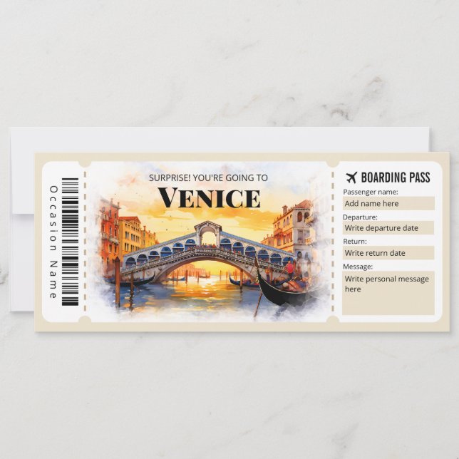 Editable Venice Plane Boarding Pass Ticket Invitation (Front)