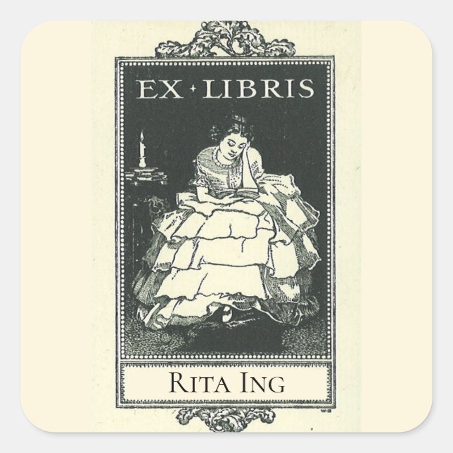 Editable Victorian Lady Reading Bookplate Square Sticker (Front)