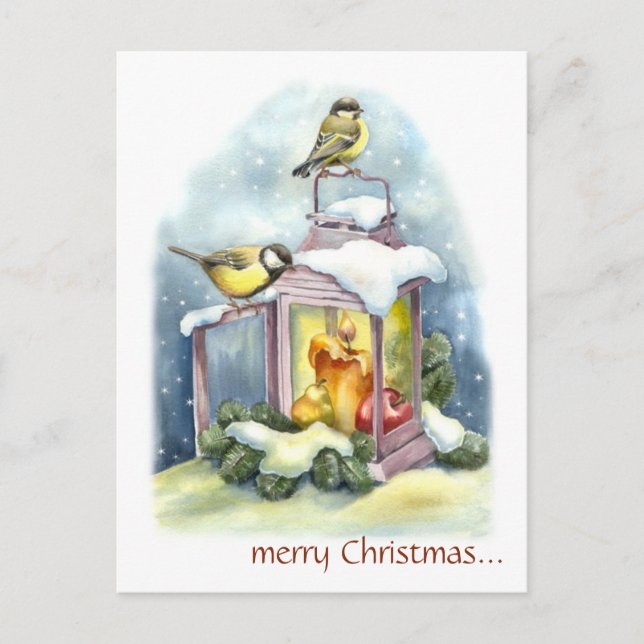 Editable Vintage Birds on a Lantern Christmas Postcard (Front)