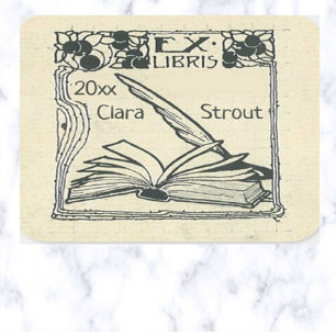 Editable Vintage Book and Quill Bookplate Square Sticker