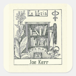 Editable Vintage Bookcase Plant Camera Bookplate Square Sticker