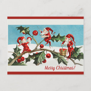 Editable Vintage Elves Painting Berries Christmas Postcard