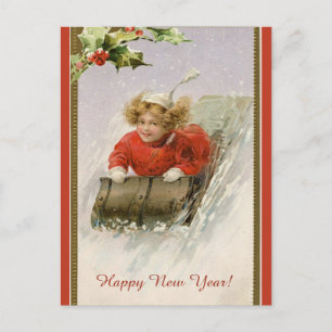 Editable Vintage Girl Sledding Happy New Year Postcard