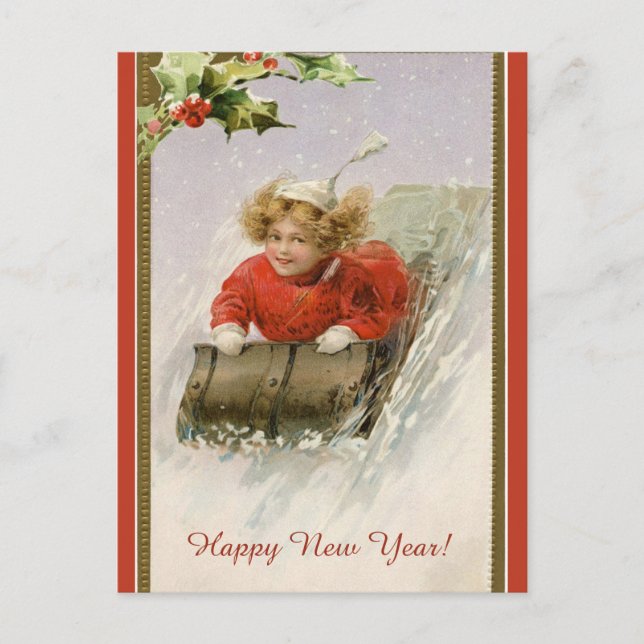 Editable Vintage Girl Sledding Happy New Year Postcard (Front)