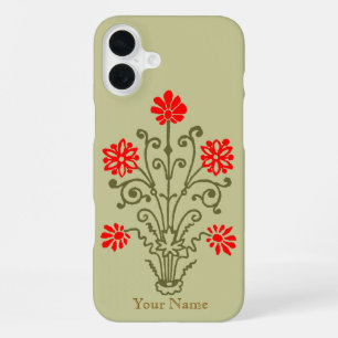Editable Vintage Gold and Red Floral Etching iPhone 16 Plus Case