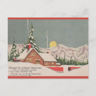Editable Vintage House and Moon Christmas Postcard