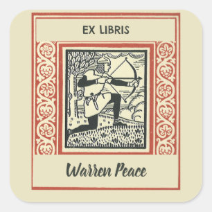 Editable Vintage Kneeling Archer Bookplate Square Sticker