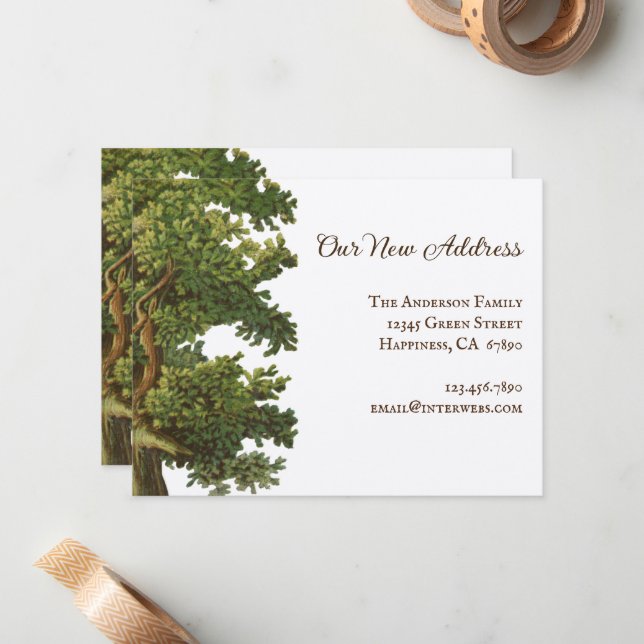 Editable Vintage Oak Tree New Address Note Card (Front/Back In Situ)